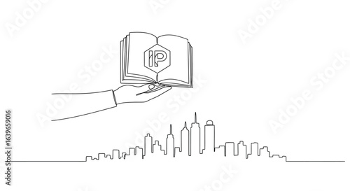 Intellectual Property Icon: A simple outline illustrating the core concept of intellectual property over a cityscape, suggesting the creative ideas in the property market.