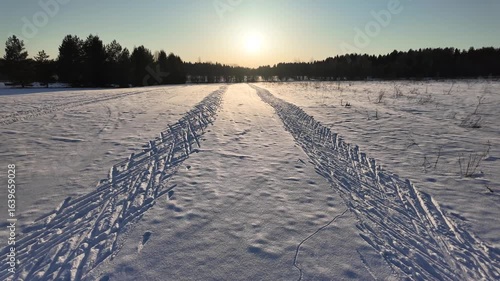 A high-angle view of movement along a winter ski trail