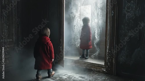 Child in red coat, fogged mirror