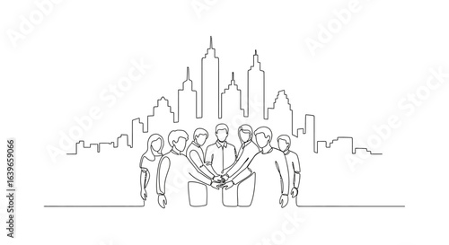 United Community in a Metropolis: A stylized illustration depicts a group of individuals joining hands in a united gesture, with the silhouette of a cityscape towering in the background.