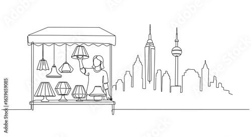 Artisan of Illumination: An illustration captures a street vendor at their stall of elegant lamps, with iconic city skyline in background, showcasing craftsmanship and urban life.