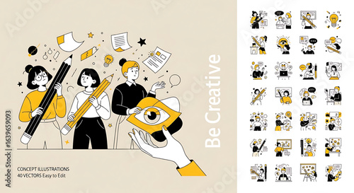 Be creative concept illustrations. Set of people vector illustrations in various activities of business, marketing, creative process, graphic and web design, social media, content management.