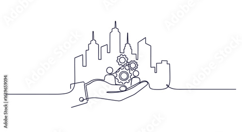 Hand Holding Business Concepts: An abstract line drawing depicts a hand cradling gears and figures against a skyline, representing collaborative business concepts, innovation, and progress.