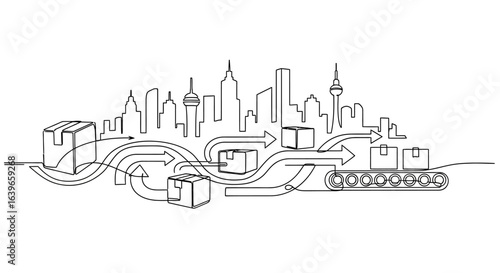 Logistics and Distribution: An artistic line drawing illustrates the flow of goods, boxes, and packages across a cityscape, visualizing the journey of a product.