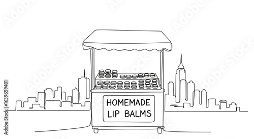 Homemade Lip Balms Cart: A whimsical line drawing captures a charming homemade lip balm cart set against a bustling cityscape background.