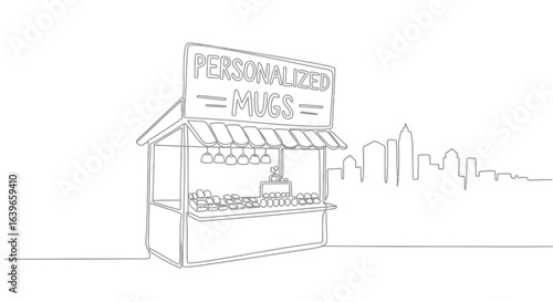 Personalized Mugs Shop: A minimalist linear illustration shows a quaint shop display, showcasing a collection of mugs with the sign reading Personalized Mugs, inviting customers with its simplicity.