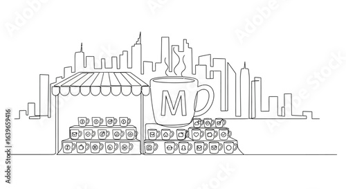 Cityscape Coffee Stall: A minimalist line drawing showcases a charming coffee stall nestled against a stylized cityscape, depicting a welcoming ambiance.