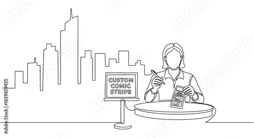 Crafting Conic Strips: In a detailed line drawing, a person meticulously designs and crafts custom conic strips in front of a laptop.