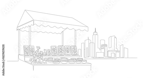 Urban Market Sketch: A minimalist line drawing depicts a bustling outdoor market stall set against the backdrop of a modern cityscape. It is illustrating the vibrant life of the city.
