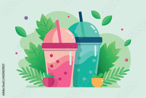 Two cups of smoothies with strawberries and leaves on a light green background