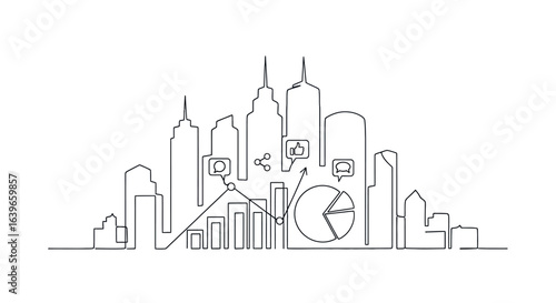 Urban Digital Data: A dynamic cityscape silhouette interweaves the essence of digital information, depicting a continuous line of skyscrapers integrated with business analytical icons.