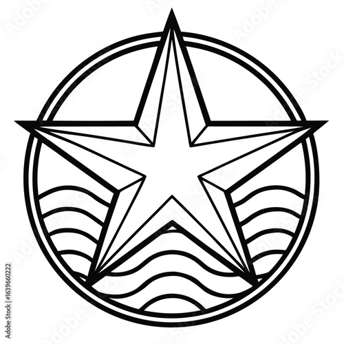 Vector art of fivepointed star within a circle with wavy lines, isolated on white background