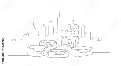 The Pet Bed Selection: A clean line drawing showcases a person browsing a range of stylish pet beds with the city's iconic skyline in the background.