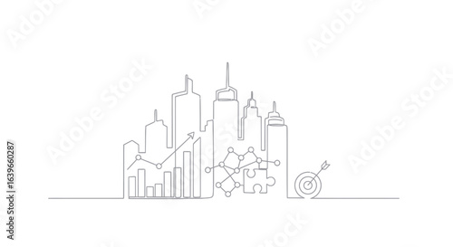 Urban Growth and Strategic Planning: A continuous line drawing depicts a city skyline interwoven with elements of business growth and strategic planning, a modern and minimalist approach.