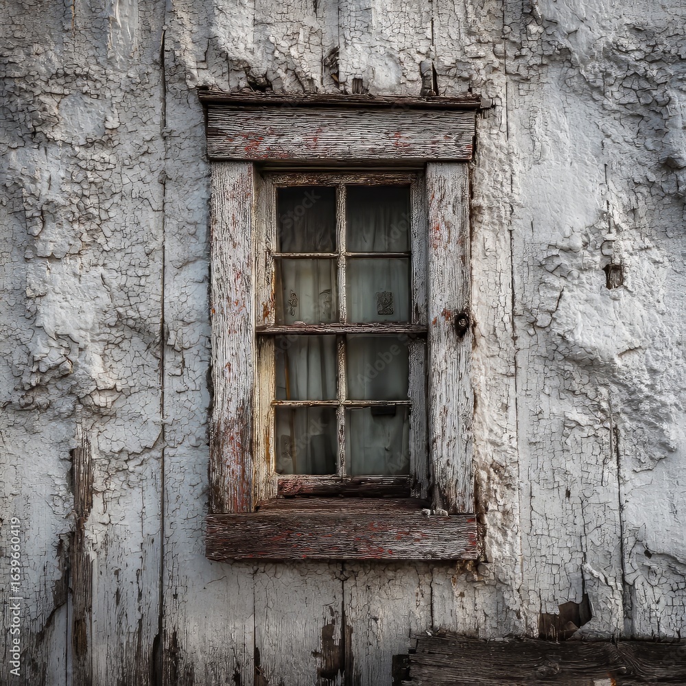 Closeup of an old weathered wooden window frame with peeling paint on a textured wall Closeup of an old weathered wooden window frame with peeling paint on a textured wall