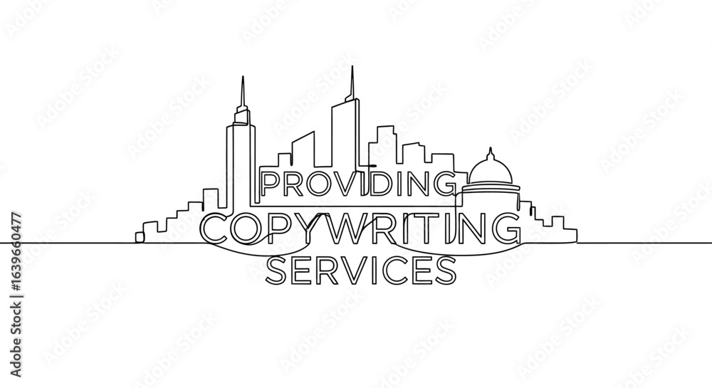 Fototapeta premium Copywriting Services: A minimalist line art illustration presents a sleek skyline, complemented by the words PROVIDING COPYWRITING SERVICES in a simple, modern font.