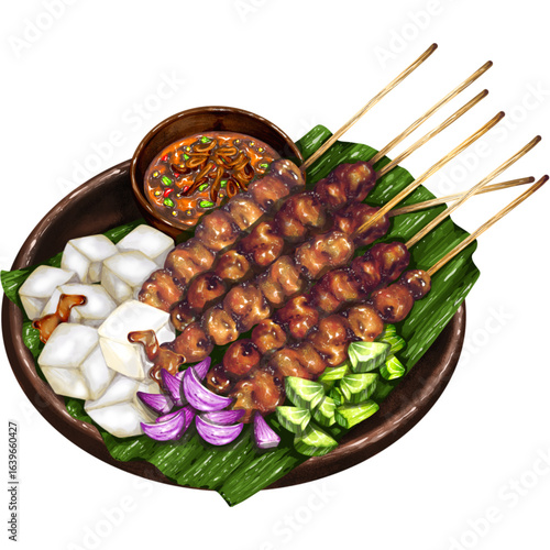 Traditional Indonesian grilled chicken satay with savory peanut sauce, lontong rice cakes, and fresh garnishes