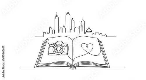 City and Stories: A simple line art depiction of an open book is creatively reimagined, blending urban elements and storytelling into one. The skyline symbolizes the city's essence.