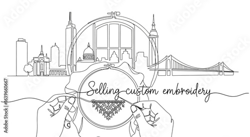 Embroidery Artwork: A stunning illustration of handcrafted artistry. Featuring hands delicately guiding a needle through fabric, weaving intricate patterns of thread with the backdrop of a cityscape.