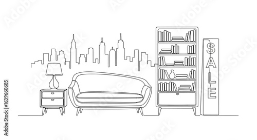 Home Furnishing and Sale: Minimalist line art showcases an inviting living space, complete with a comfortable sofa, a functional bookshelf and a sale sign, with an urban skyline in the background.