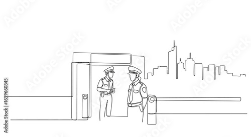 Police at Security Checkpoint: A minimalist line art depiction of two police officers engaged in a conversation near a security checkpoint, set against a city skyline.