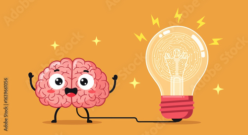 A Happy Cartoon Brain Character Excitedly Celebrates the Brilliant Idea of a Glowing Light Bulb Illuminating with Connections