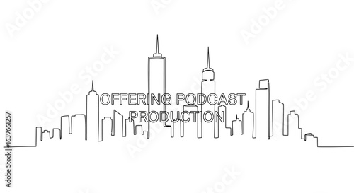 Cityscape Skyline: A sleek, minimalist line drawing captures the essence of a bustling urban metropolis, offering podcast production.
