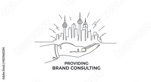 Empowering Vision: A symbolic representation of the skyline held with a supporting hand, under the service providing brand consulting.