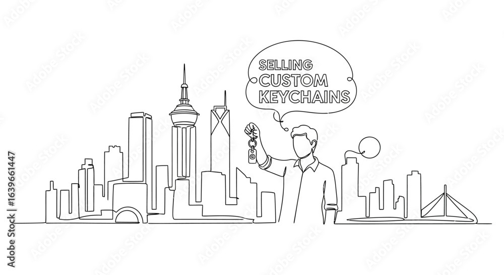 Obraz premium Urban Keychain Seller: A minimalist linear illustration shows a cityscape with a vendor promoting custom keychains, offering a glimpse into urban entrepreneurship and crafted accessories.