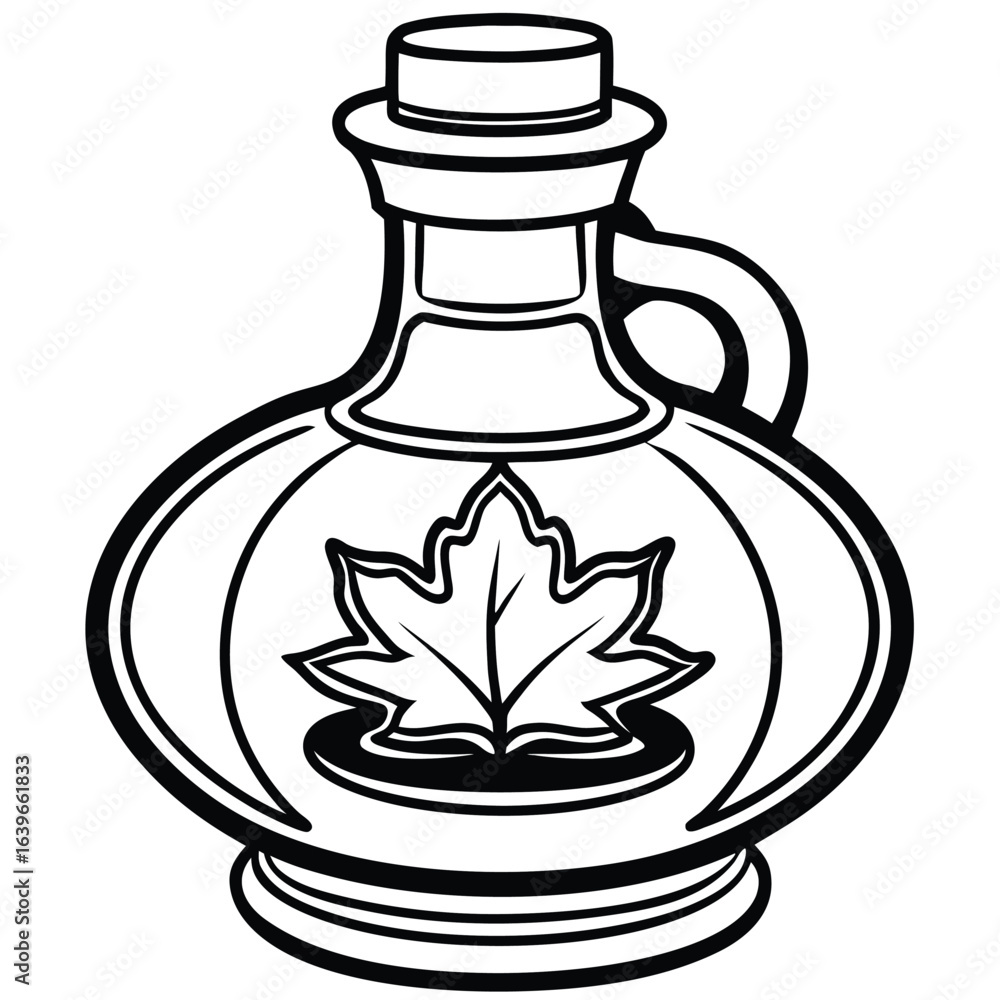 Vector art of black and white illustration of a decorative bottle with handle and leaf, isolated on white background Vector art of black and white illustration of a decorative bottle with handle and leaf, isolated on white background