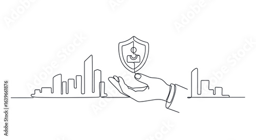 Protection and Security of Buildings: A continuous line drawing depicts a hand cradling a shield, symbolizing security, against the backdrop of an urban skyline.