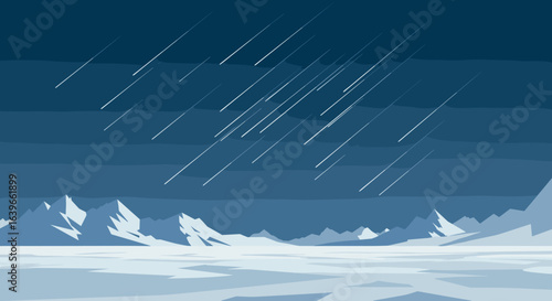 Snowfall action in arctic landscape digital art winter environment aerial view nature concept. Vector illustration