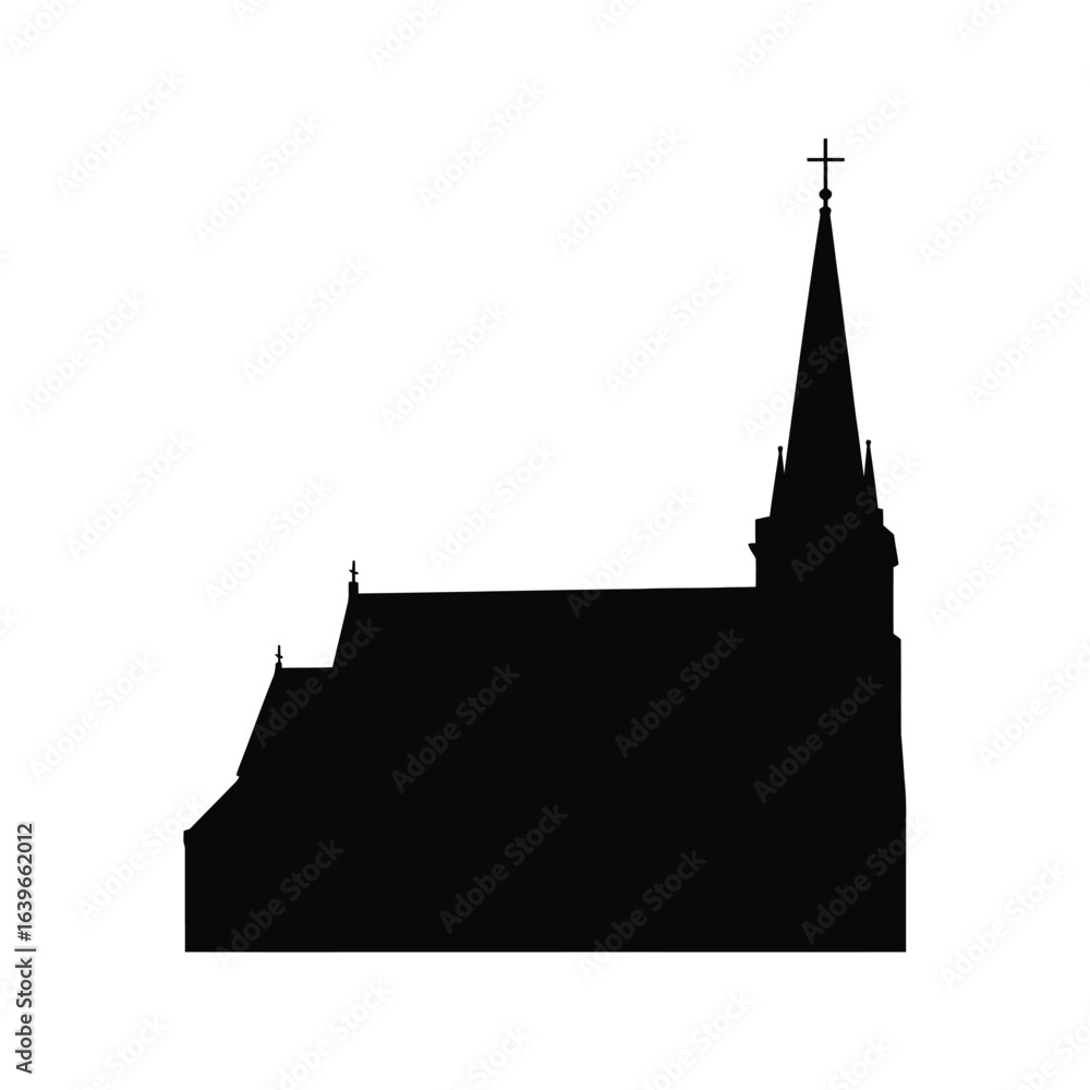 Fototapeta premium Silhouette of a gothic church with a tall steeple and cross