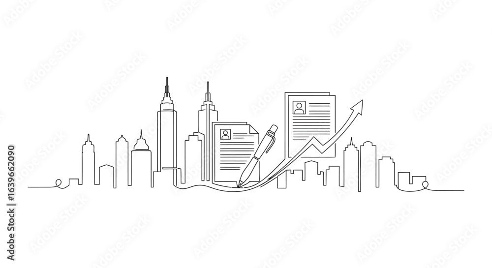 Fototapeta premium Career Growth in the Metropolis: A continuous line drawing depicts career development with skyscrapers, documents, and a rising graph, capturing the essence of urban professional advancement.