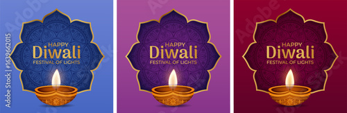 Set of square vector banners for Diwali festival of lights with oil lamps, mandala patterns in blue, purple and maroon colors.