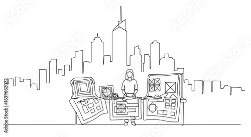 Cityscape with Sketch: An artistic illustration of a cityscape with a designer, conceptualizing their work, standing in front of their design.