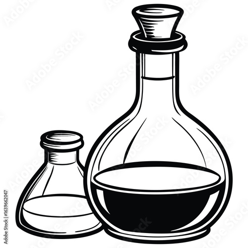 Vector art of two glass bottles with liquid isolated on white background