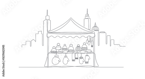 Market Stall Silhouette: A captivating illustration showcasing the hustle and bustle of a market stall against an urban skyline, evoking a sense of community and commerce. 