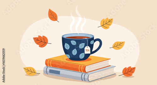 Cozy Autumn Scene with Steaming Cup of Tea on Stack of Books Surrounded by Falling Leaves