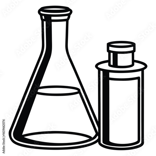 Vector art of laboratory flask and bottle with liquid isolated on white background