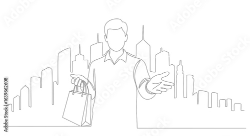 City Shopping Guide Illustration: An elegantly drawn illustration of a welcoming individual holding shopping bags stands before a simplified city skyline, inviting viewers to explore.