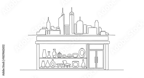 Urban display: a simple yet captivating line drawing of a shop, a skyline sets the stage. A gallery showcases a curated array of pottery, decorative items and furniture pieces.