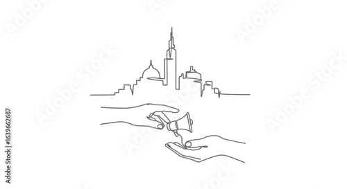 Giving and receiving: A minimalist line art illustration depicts a pair of hands, one presenting a flower to the other against the backdrop of a distant cityscape.