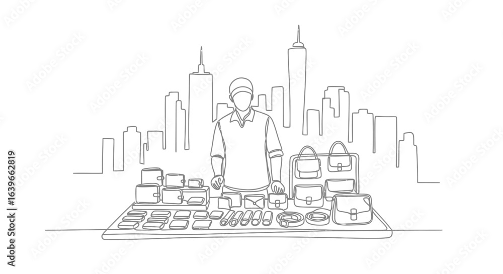 Fototapeta premium City Seller's Collection: An illustration captures the essence of a street vendor's collection, with a seller standing proudly before his wares against a cityscape backdrop.