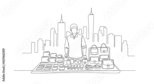City Seller's Collection: An illustration captures the essence of a street vendor's collection, with a seller standing proudly before his wares against a cityscape backdrop.