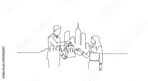 Line Art Delivery in Urban Landscape: A continuous line art depiction captures the essence of commerce with a figure extending shopping bags to a recipient against an urban backdrop.