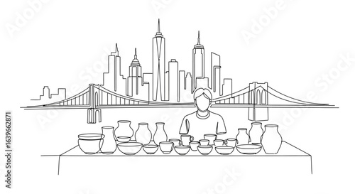 Urban Potter and Cityscape:  A skilled artisan is showcasing handmade ceramic art with the silhouette of a famous skyline in the background.