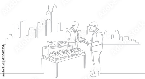 Street Sneaker Sale in Cityscape: A detailed illustration captures a dynamic street scene of a sneaker sale.