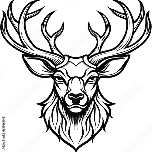 Vector art of majestic deer stag head with large antlers, a powerful and regal animal symbol isolated on white background