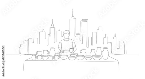 Urban Potter: A minimalist line art sketch captures a potter at their table with various crafted ceramics against the backdrop of city's towering skyscrapers.